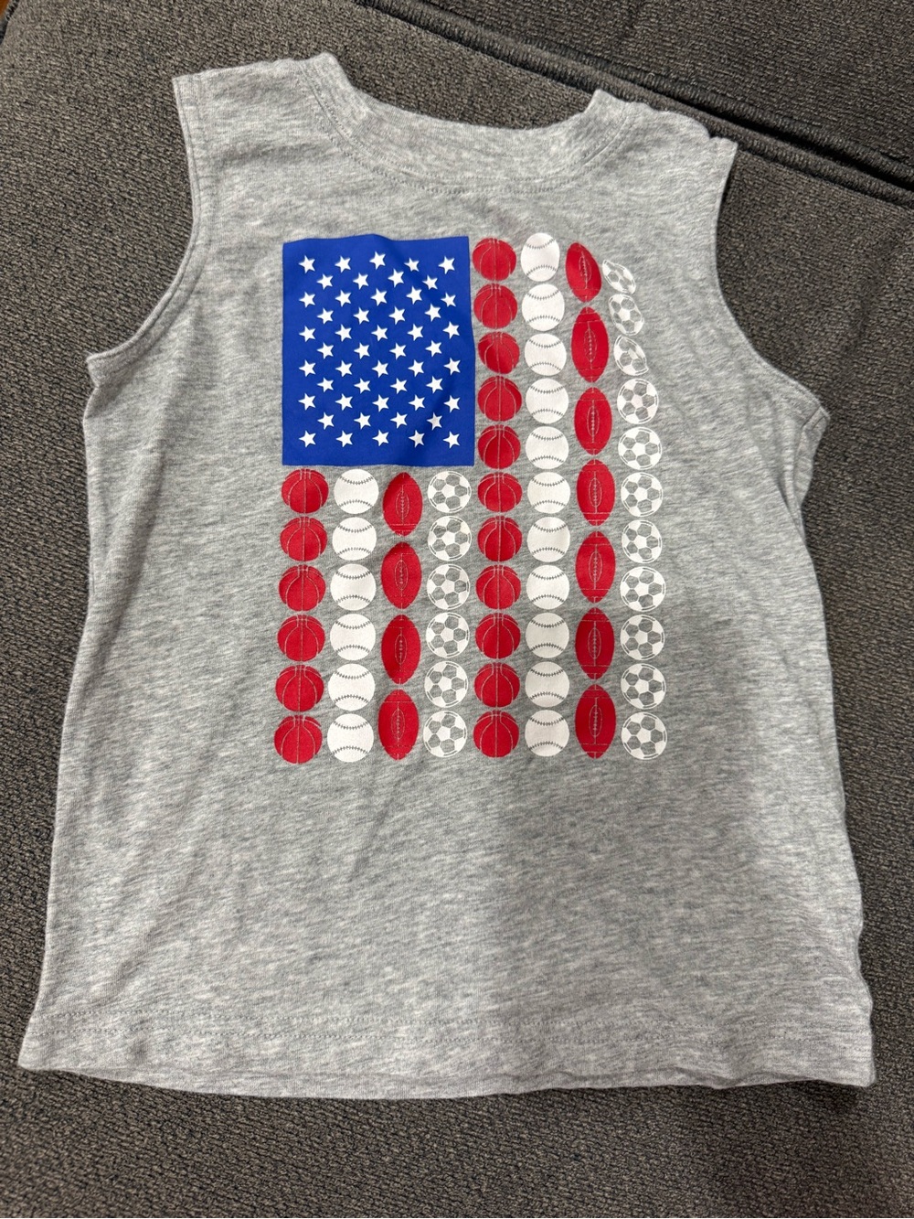 okie dokie Gray Tank with Red, Blue, and White Sports Flag Graphic